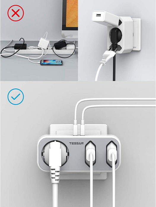 Triplu stecher cu USB Tessan TS-324, 16A, 2xUSB 2.4A [6]