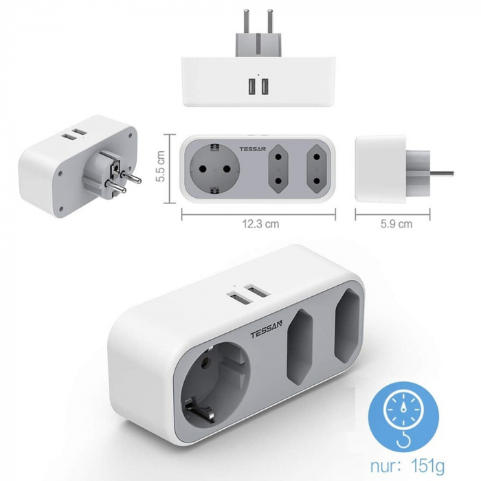 Triplu stecher cu USB Tessan TS-324, 16A, 2xUSB 2.4A [7]