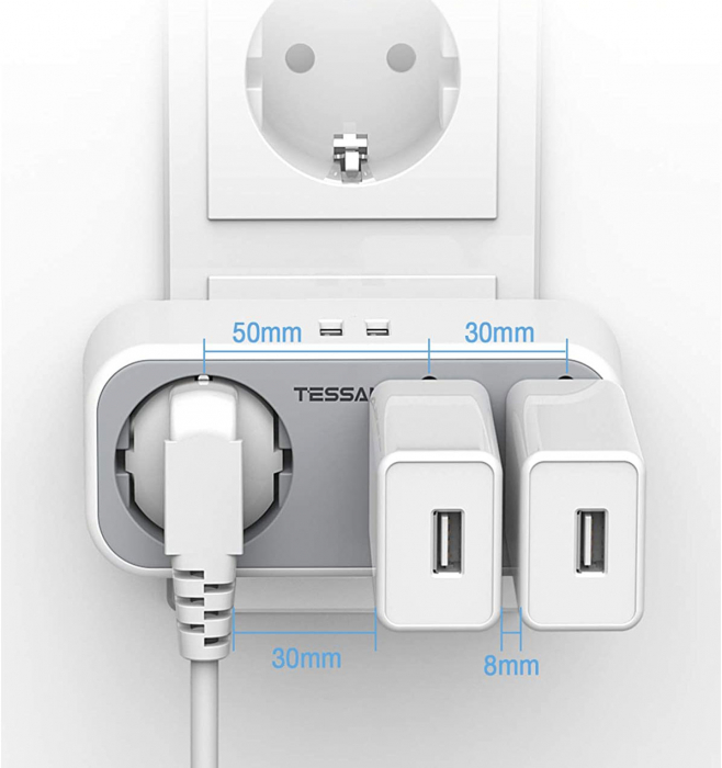 Triplu stecher cu USB Tessan TS-324, 16A, 2xUSB 2.4A [2]