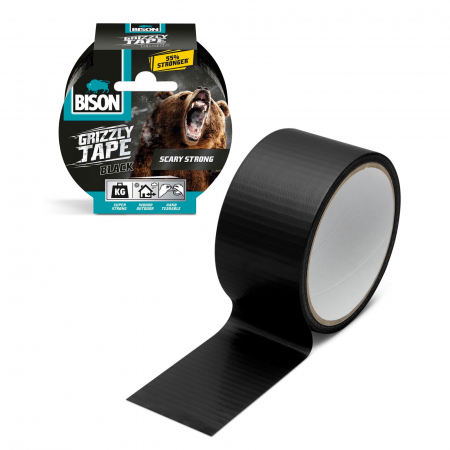 Benzi adezive tip scotch - Bandă adezivă întărită cu material BISON Grizzly Super Strong - Neagră - 10 m