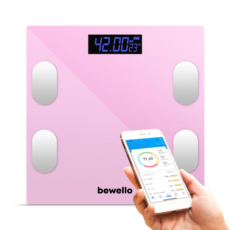 Accesorii baie - Cantar inteligent - 180 kg - baterie - sticla - roz, control aplicatie