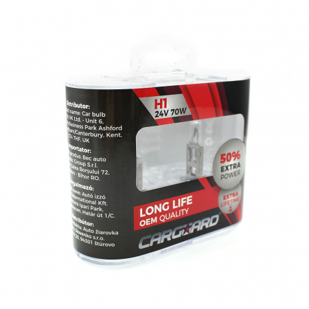Becuri Halogen - CARGUARD - Set de 2 becuri Halogen 24V - H1, 70W, +50% Intensitate - LONG LIFE