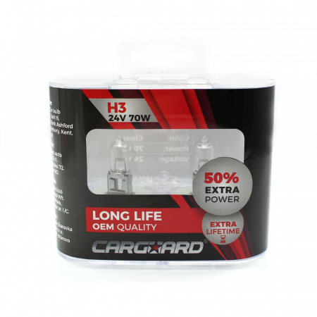 Becuri Halogen - CARGUARD - Set de 2 becuri Halogen 24V - H3, 70W, +50% Intensitate - LONG LIFE
