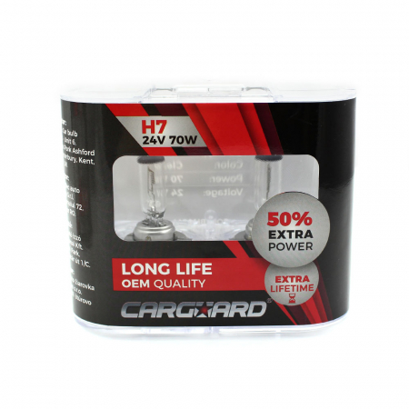 Becuri Halogen - CARGUARD - Set de 2 becuri Halogen 24V - H7, 70W, +50% Intensitate - LONG LIFE