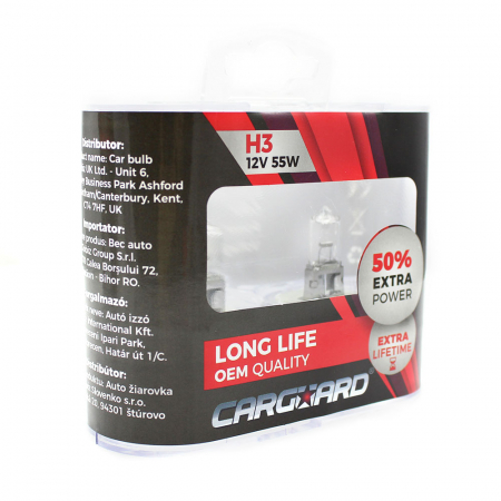 Becuri, Iluminat, lumini - CARGUARD - Set de 2 becuri Halogen H3, 55W +50% Intensitate - LONG LIFE