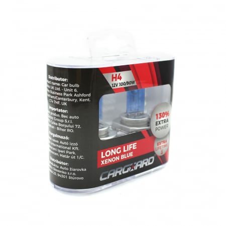 Becuri Halogen - CARGUARD - Set de 2 becuri Halogen H4, 100W +130% Intensitate - LONG LIFE
