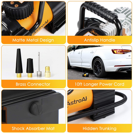 Compresor Auto Metalic AstroAI 12V, 150PSI, Digital, Lumina de urgenta, Adaptoare incluse, geantra transport, Galben [6]
