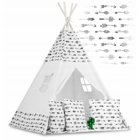 Corturi de joaca - Cort de joaca pentru copii cu ghirlanda, 3 pernite si lampa LED cactus, Ricokids 740402, 120 X 120 X 165 cm - Alb