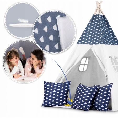 Cort de joaca pentru copii cu ghirlanda, 3 pernite si lampa LED luna, Ricokids 740404, 120 X 120 X 165 cm - Bleumarin [1]