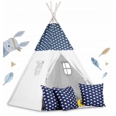 Corturi de joaca - Cort de joaca pentru copii cu ghirlanda, 3 pernite si lampa LED luna, Ricokids 740404, 120 X 120 X 165 cm - Bleumarin