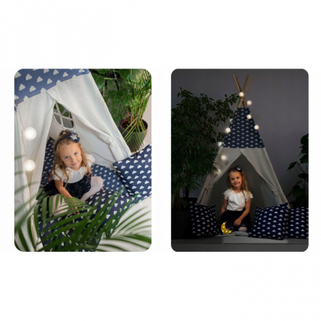 Cort de joaca pentru copii cu ghirlanda, 3 pernite si lampa LED luna, Ricokids 740404, 120 X 120 X 165 cm - Bleumarin [4]