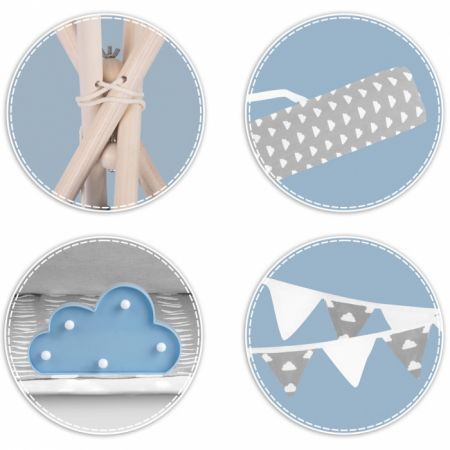 Cort de joaca pentru copii cu ghirlanda, 3 pernite si lampa LED norisor, Ricokids 740401, 120 X 120 X 165 cm - Gri [3]