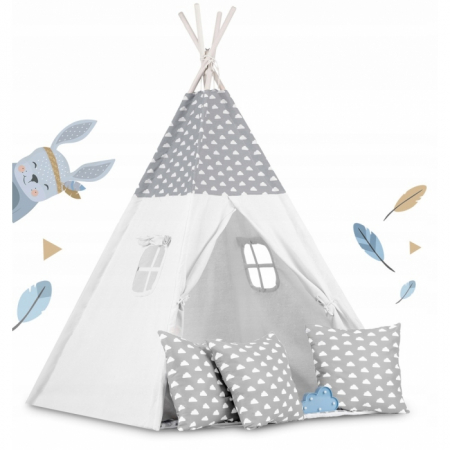 Corturi de joaca - Cort de joaca pentru copii cu ghirlanda, 3 pernite si lampa LED norisor, Ricokids 740401, 120 X 120 X 165 cm - Gri