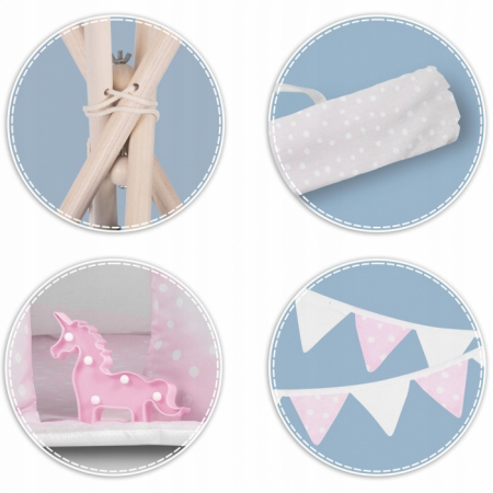 Cort de joaca pentru copii cu ghirlanda, 3 pernite si lampa LED unicorn, Ricokids 740403, 120 X 120 X 165 cm - Roz [2]