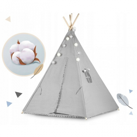 Cort De Joaca Pentru Copii Cu ghirlanda, Lumini, covoras si 2 pernite Ricokids 120 X 120 X 165 Cm - Gri [2]