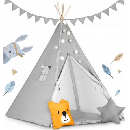 Corturi de joaca - Cort De Joaca Pentru Copii Cu ghirlanda, Lumini, covoras si 2 pernite Ricokids 120 X 120 X 165 Cm - Gri