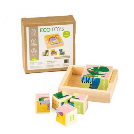 Jocuri si jucarii - Cuburi educationale din lemn tip puzzle cu dinozauri Ecotoys MA442