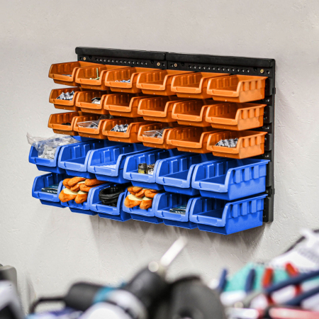 Organizatoare scule - Suport cu cutii organizatoare de perete - 30 de cutii din plastic - 640 x 375 x 175 mm | HANDY