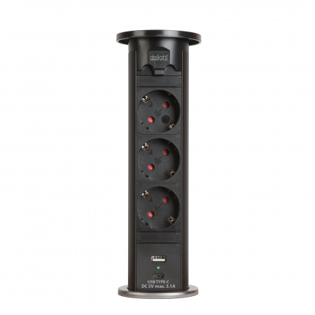 Prize incorporabile - Distribuitor ascuns motorizat cu 3 prize si 2 USB - 3500w, 16A - negru