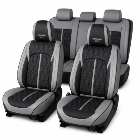 Huse scaune auto - Huse auto premium 5 locuri Carguard Deluxe piele ecologică perforată - gri - negru