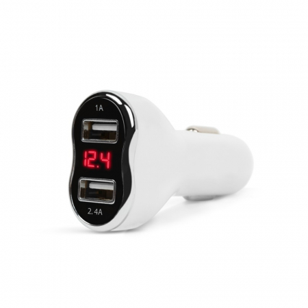 Adaptoare USB bricheta - Incarcător bricheta auto telefon - 2 x USB, cu voltmetru DC 12 - 24 V - alb