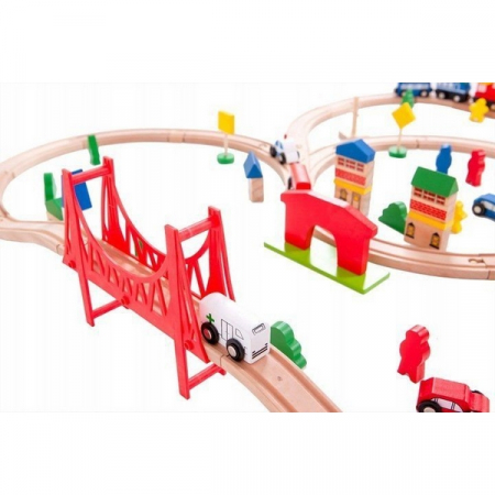 Joc Circuit din lemn, ECOTOYS HM014665, cu trenulet si masinute, 90 de elemente [3]