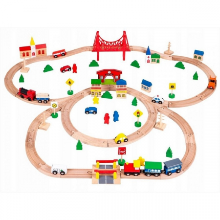 Jocuri si jucarii - Joc Circuit din lemn, ECOTOYS HM014665, cu trenulet si masinute, 90 de elemente