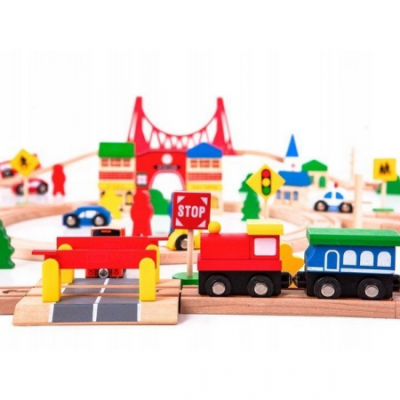 Joc Circuit din lemn, ECOTOYS HM014665, cu trenulet si masinute, 90 de elemente [2]
