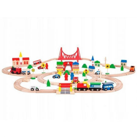 Joc Circuit din lemn, ECOTOYS HM014665, cu trenulet si masinute, 90 de elemente [1]