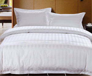 Lenjerii de pat doua persoane - Lenjerie alba pat Damasc satinat dungat Damasc-25MM