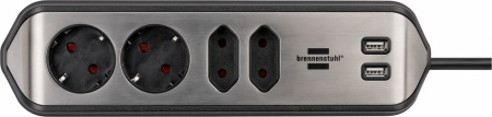 Prelungitor pentru perete colt Brennenstuhl Estilo 4 prize, 2 USB, 3.1 A, 2m Inox, Adeziv inclus, Argintiu-Negru [4]