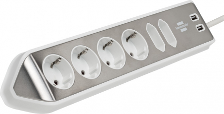 Prelungitor pentru perete colt Brennenstuhl Estilo 6 prize, 2 USB, 3.1 A, 2m Inox, Adeziv inclus, Argintiu-Alb [5]