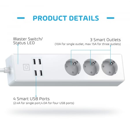 Prelungitor smart WiFi Meross MSS425F , 3 Prize, 4 x USB, Cablu 1.8m, Alexa, Google Assistant [6]