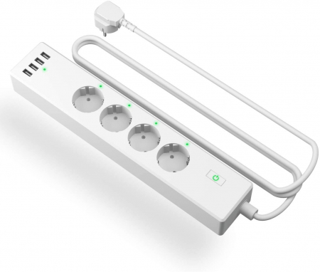Prelungitoare electrice - Prelungitor smart WiFi Meross MSS425F, 4 Prize, 4 x USB, Cablu 1.8m, Alexa, Google Assistant