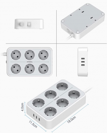 Prelungitoare electrice - Prelungitor electric Tessan TS-303, 6 prize, 3 USB 3A, cablu 2m