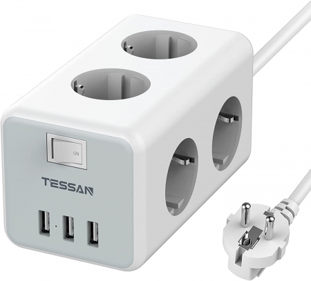 Prelungitoare electrice - Prelungitor electric tip cub Tessan TS-306, 6 prize, 3 USB 3A, cablu 2m
