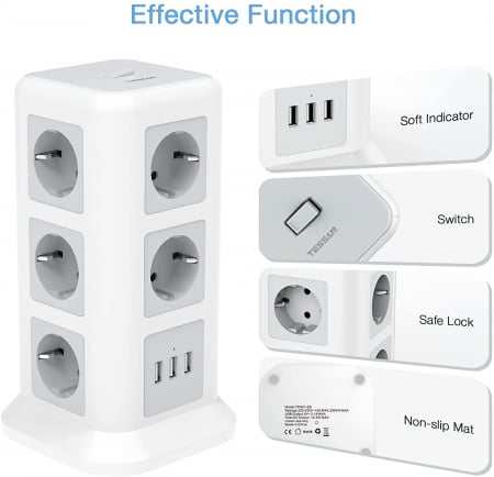 Prelungitor tip Turn Tessan TPS01, 11 prize, 3 USB 3.1A, cablu 2m, protectie la suprasarcina - Alb [1]