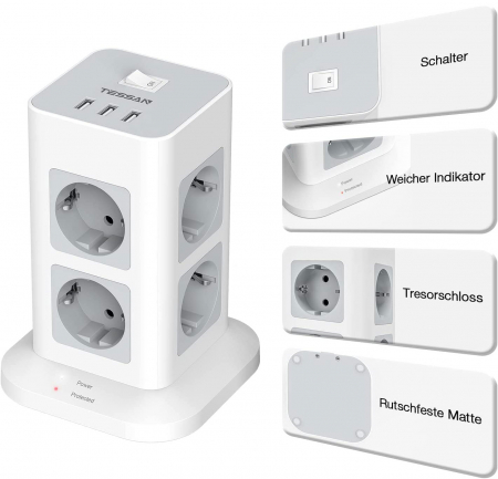 Prelungitor tip Turn Tessan TPS03, 8 prize, 3 USB 3A, cablu 2m, protectie la suprasarcina [1]