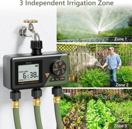 Programator automat pentru irigare Diivoo WT10M-GN, 3 zone, IP54, functie Rain Delay [3]