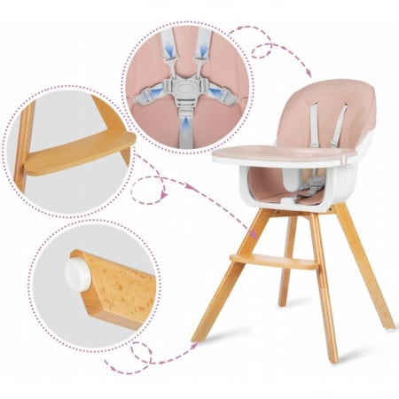 Scaun de masa 3 in 1, cu picioare din lemn, 63 x 58 x 90 cm, Ricokids Lilo 700203 - Roz [4]