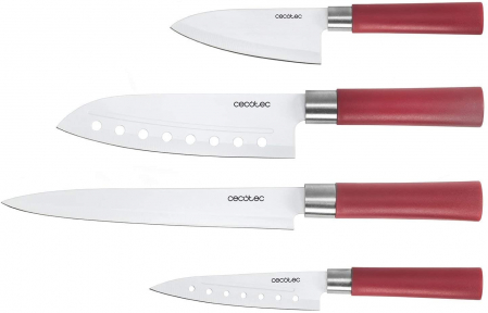 Bucatarie - Set 4 cutite profesionale Cecotec Santoku pentru bucatarie, Inox, maner rosu