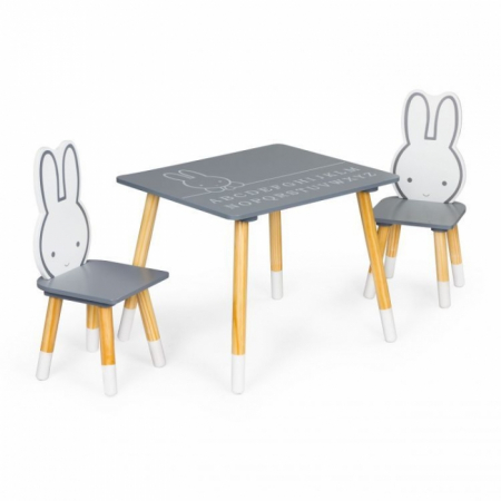 Universul copiilor - Set de masa cu alfabet si doua scaune in forma de iepuras pentru copii Ecotoys WH141 - Gri si natur