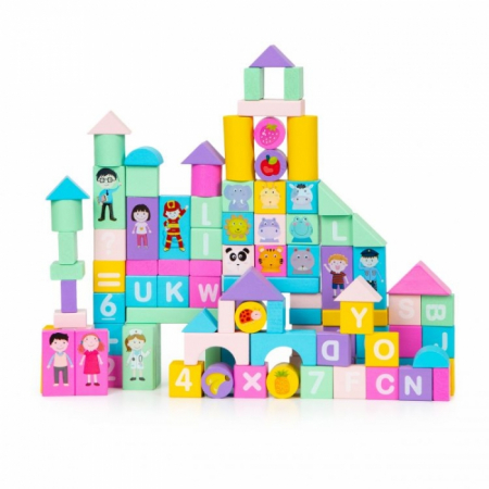 Jocuri si jucarii - Set educational cu blocuri din lemn colorate, 100 piese, Ecotoys SR19002
