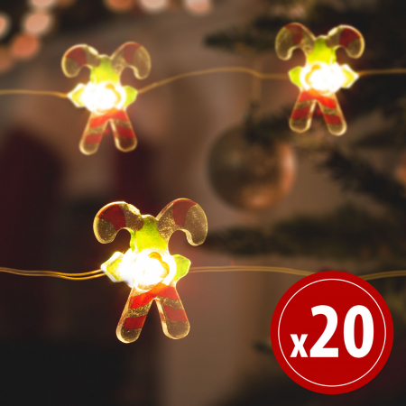 Decoratiuni Craciun - Șir de lumini LED - formă de acadele baston - 2,2 metri - 20 LEDuri - alb cald - 2 x AA
