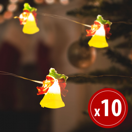 Decoratiuni Craciun - Șir de lumini LED - formă de clopoței - 2,2 metri - 10 LEDuri - alb cald - 2 x AA