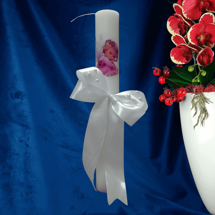 Lumanare botez Ingeras decorata cu alb [3]