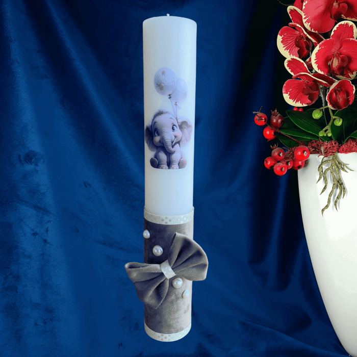 Lumanare botez Elefant decorata cu catifea grej [2]