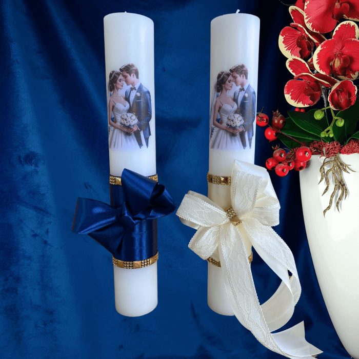 Set 2 Lumanari nunta decorate cu albastru si ivory W26 [2]