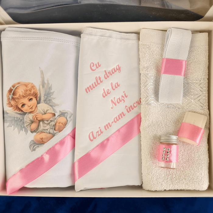 Trusou pentru botez imprimat cu Ingeras dragalas roz [3]