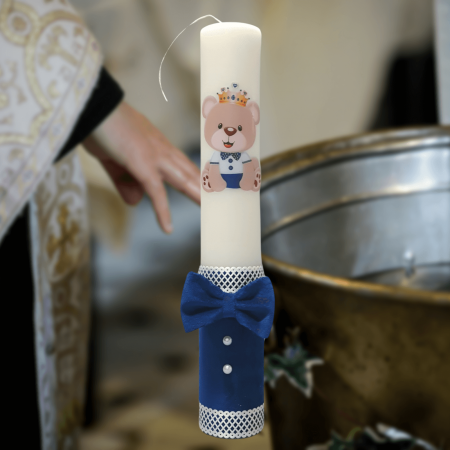 Trusouri si Lumânări decorate Botez - Lumanare botez Ursulet decorata cu catifea albastra
